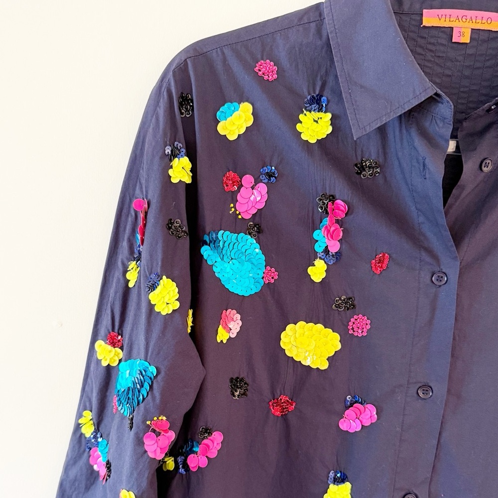 Vilagallo Navy Blue Embroidered Sequin Novelty Cotton Shirt Dress - Picture 9 of 10